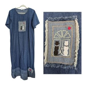 Bleu Bayou‎ Denim Maxi Dress Cat Embroidered Patch Short Sleeve
